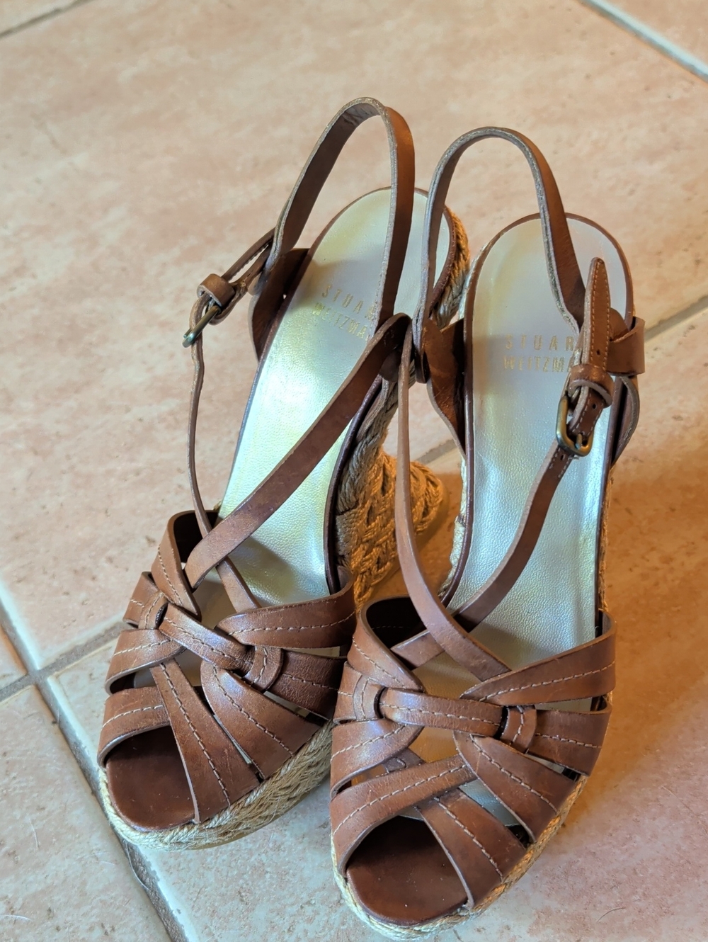Stuart Weitzman Cognac Leather Espadrille Wedge Sandals SZ 6 M